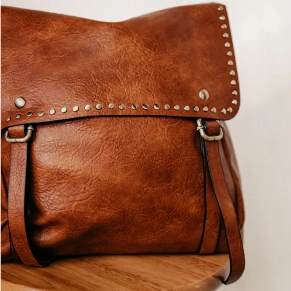 New! Camel Studded Vegan Leather Convertible Backpack Bag - Picture 6 of 6